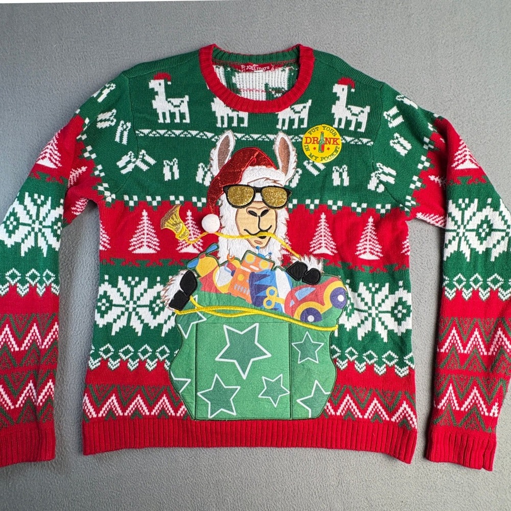 Jollidays Christmas Llama Sweater XXL Green Red Drink Pocket Holiday Party